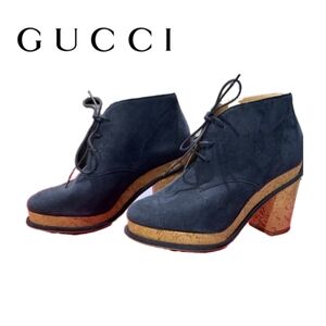 36.5 Chanel Blue Suede Cork Lace Up Booties